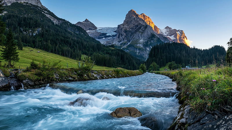 Reichenbach River, Bernese Oberland, Switzerland, landscape, trees, forest, mountains, rocks, alps, stream, HD wallpaper