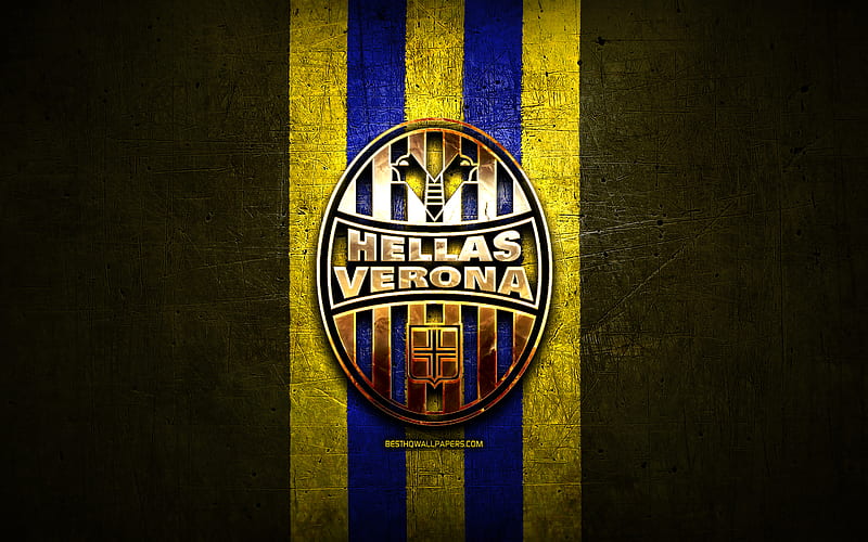 Hellas Verona FC, golden logo, Serie A, yellow metal background, football, Hellas Verona, italian football club, Hellas Verona logo, soccer, Italy, HD wallpaper