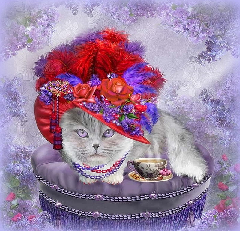 Cat in Red Plumage Hat, fantasy arts, softness beauty, bonito, digital art, fantasy, feather, flowers, pearls, cups, animals, plumage, lovely, jewels, love four seasons, creative pre-made, roses, cat, hat, cute, weird things people wear, HD wallpaper