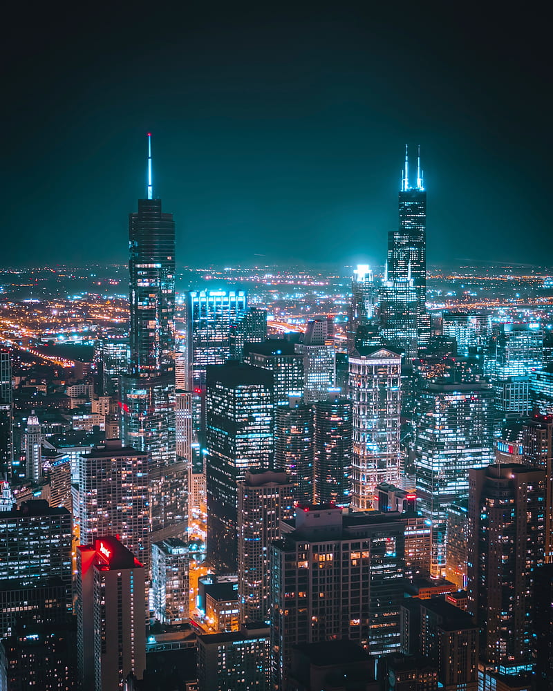 metropolis, skyscrapers, night, scenery, lights, City, HD phone wallpaper