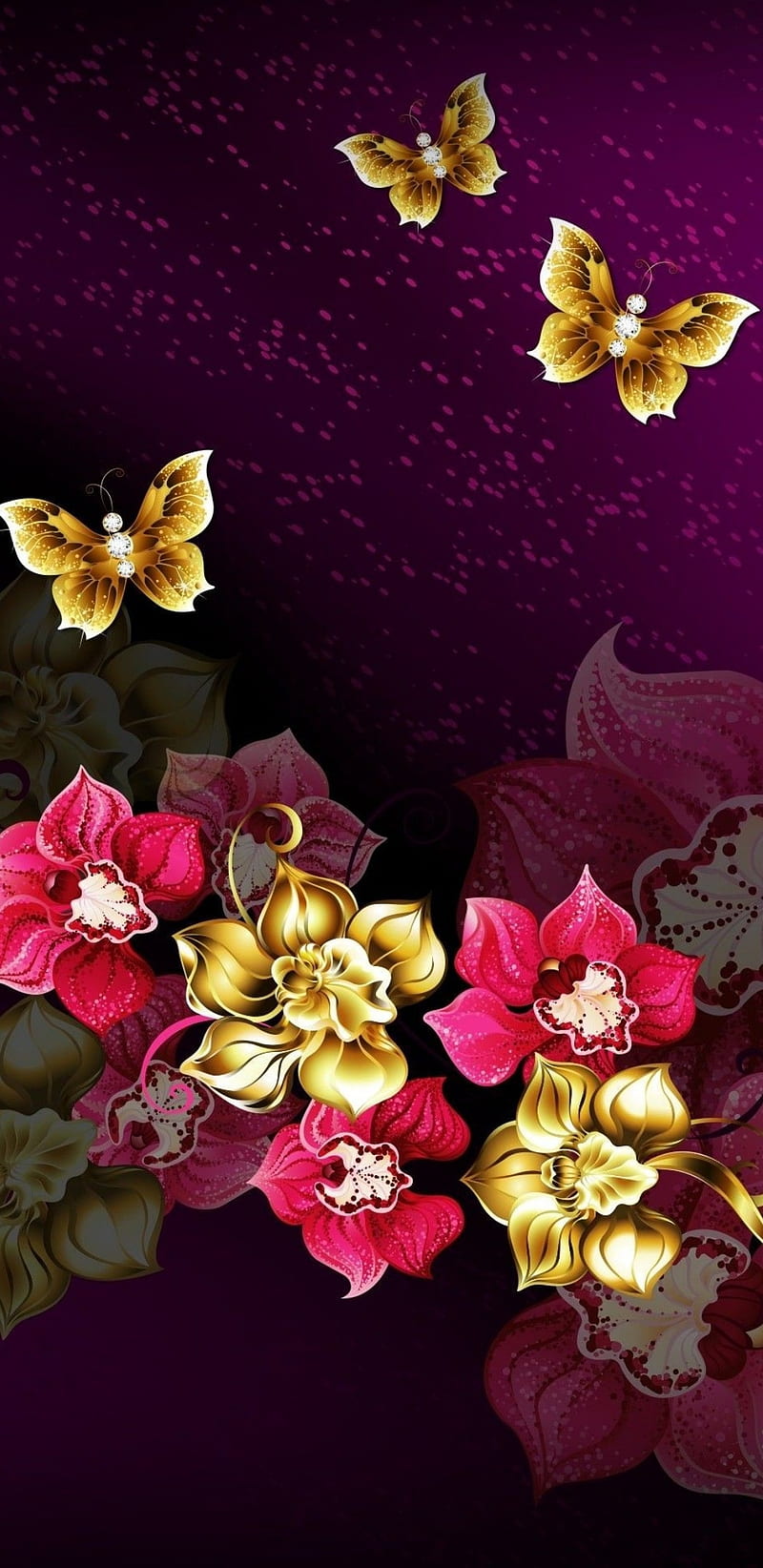 Butterflies Afloat, floral, flower, flowers, girly, gold, pink, pretty, purple, HD phone wallpaper