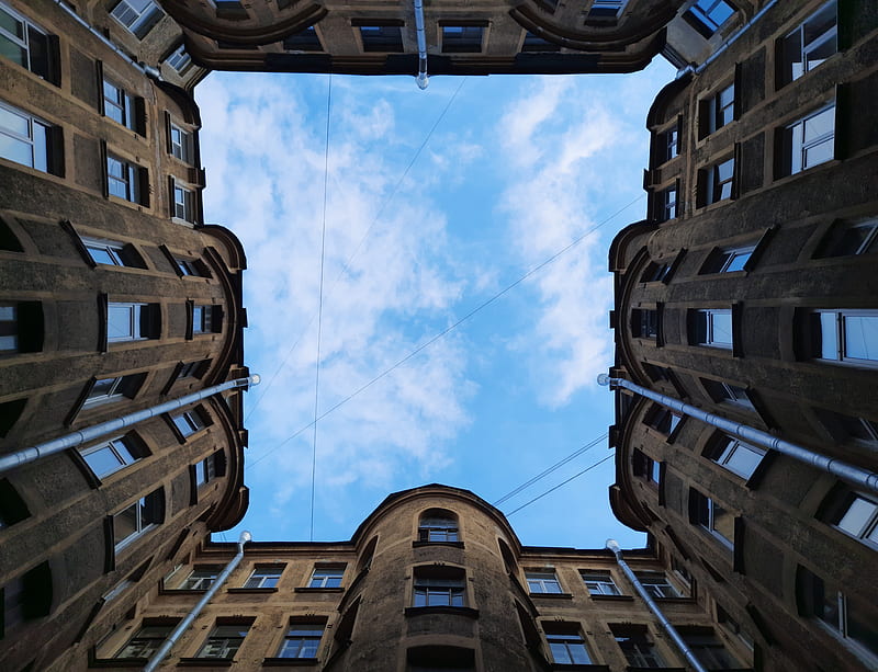 building, architecture, windows, sky, clouds, bottom view, HD wallpaper