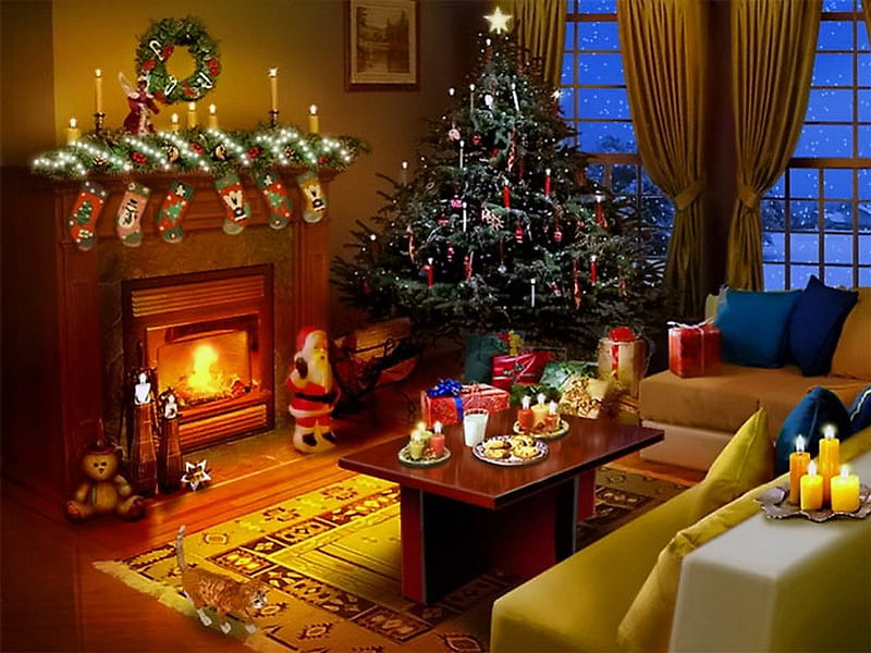Christmas eve, fireplace, fire, tree, stockings, christmas, living room, gifts, snack, HD wallpaper