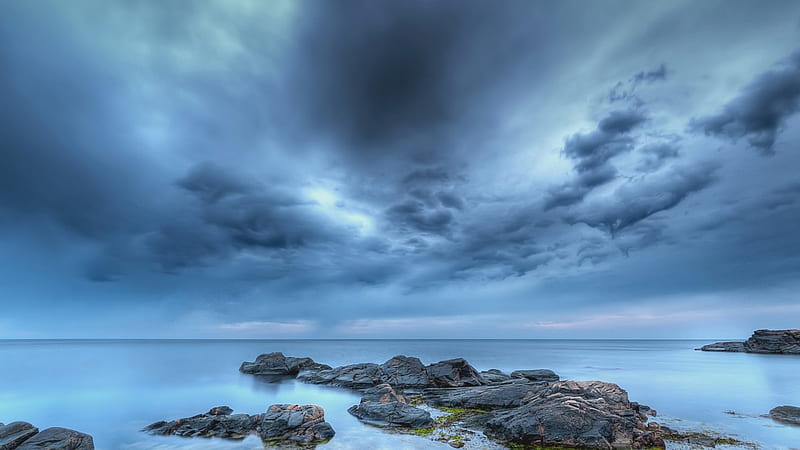 beautiful clouds over rocky seashore, rocks, shore, blue grey, clouds, sea, HD wallpaper
