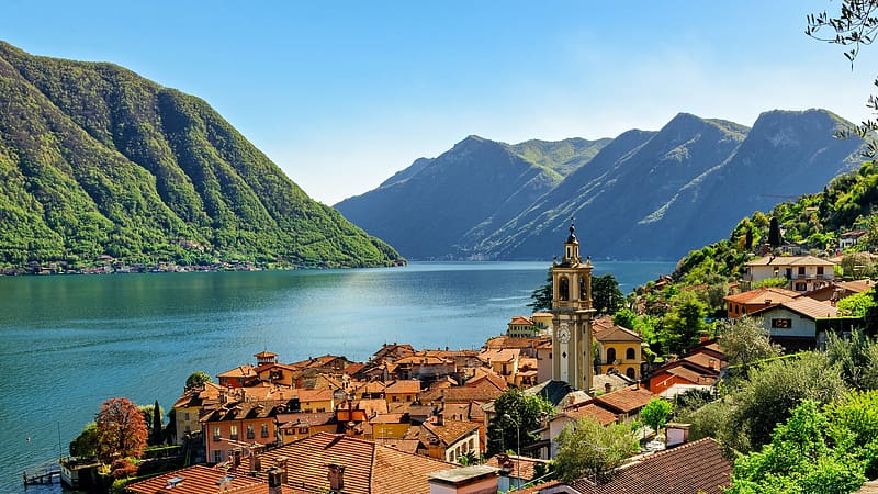 Lake Como, Italy, landscape, alps, mountains, village, trees, HD wallpaper