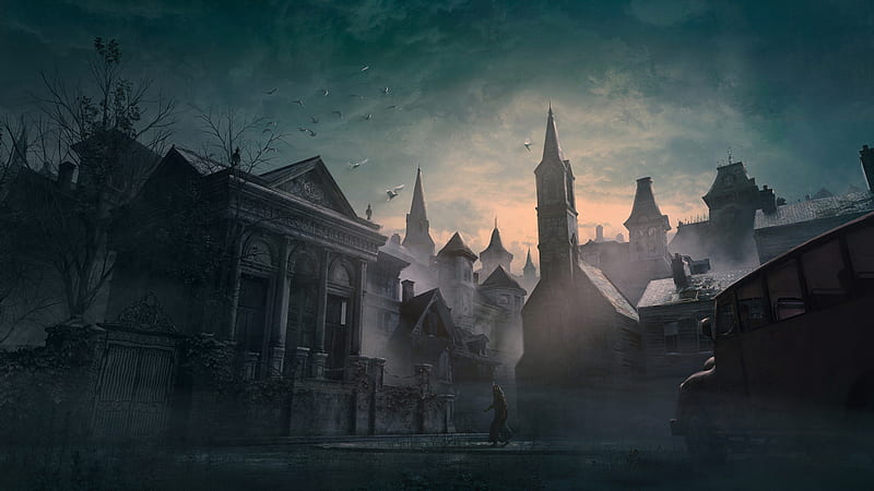 abandoned city, town, darkness, birds, scary, Fantasy, HD wallpaper