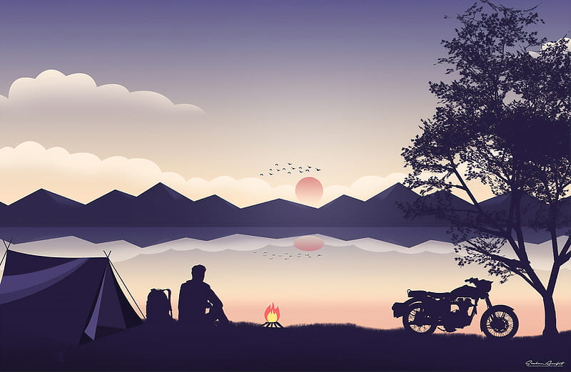Biker Camping, biker, artist, artwork, digital-art, behance, HD wallpaper