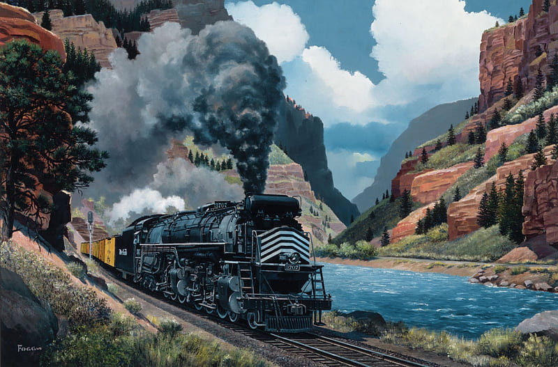 A Beautiful Train Ride, Lake, Train, Painting, Howard Fog, HD wallpaper