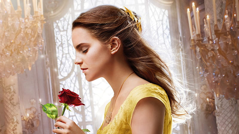 Beauty and the Beast 2017, red, beauty and the beast, movie, rose, belle, yellow, Emma Watson, fantasy, girl, actress, princess, disney, HD wallpaper
