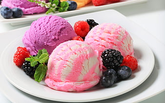 fruit ice cream dessert, ice cream balls, berries, sweets, HD wallpaper