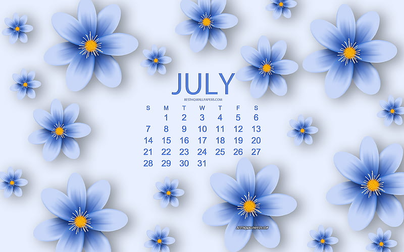 2019 July Calendar, blue flowers, blue floral background, 2019 calendars, creative art, calendar for July 2019, concepts, HD wallpaper