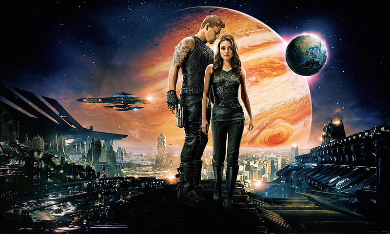 Jupiter Ascending (2015), poster, Channing Tatum, movie, man, planet, actress, couple, jupiter ascending, actor, Mila Kunis, HD wallpaper