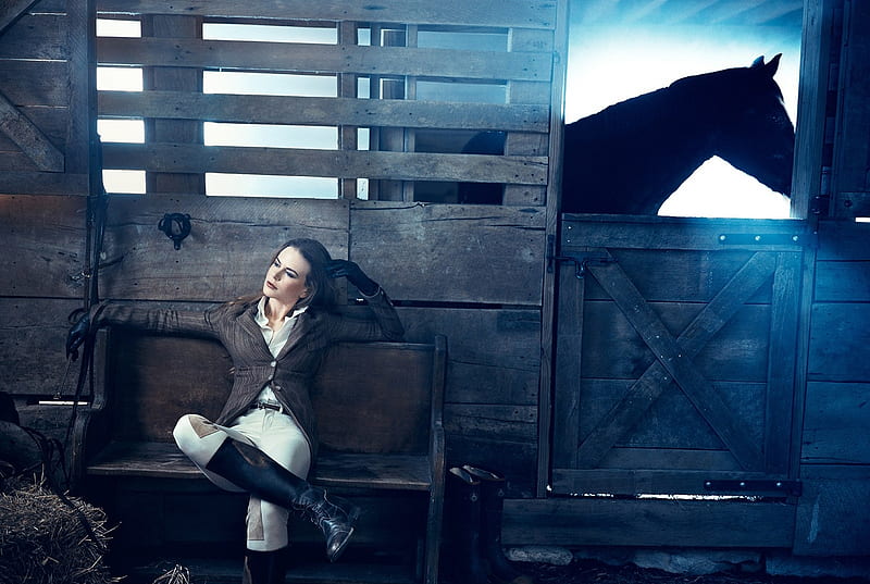 Nicole Kidman, cowgirl, actress, white, horse, woman, wood, blue, HD wallpaper