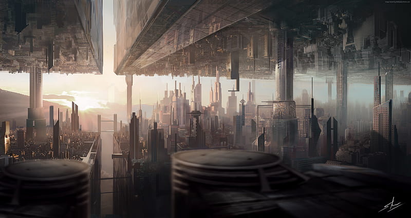 futuristic city, upside down world, two dimension, sci-fi, Fantasy, HD wallpaper