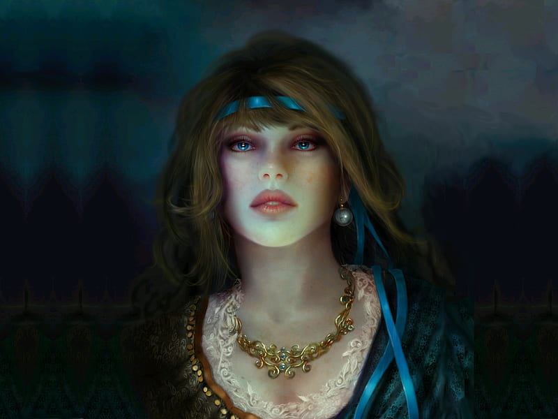 BLUE PEARL, art, fantasy, necklace, ribbon, lady, blue eyes, HD wallpaper