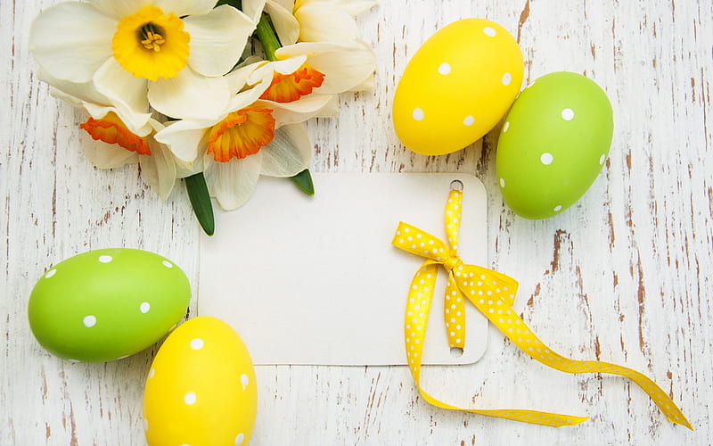 Happy Easter, spring decoration, daffodils, Easter eggs, sticker, greeting card template, Easter, HD wallpaper