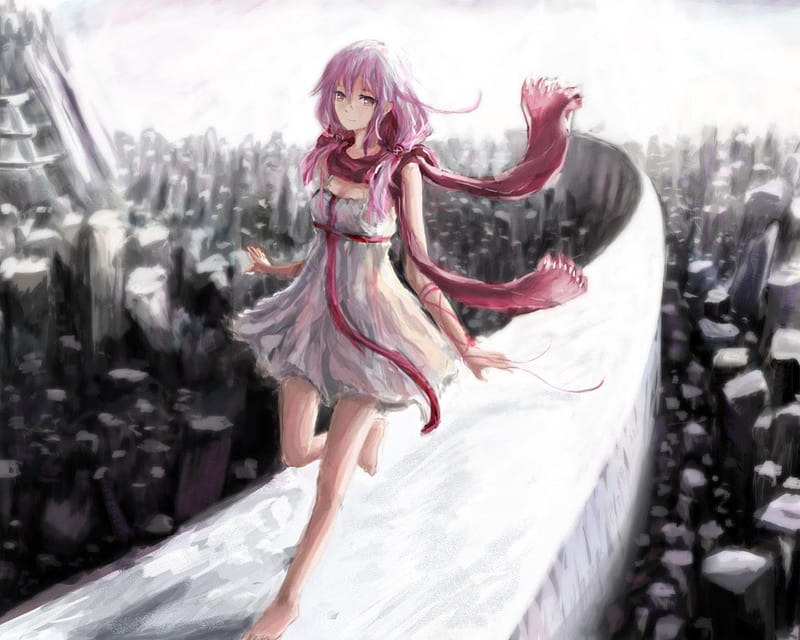Inori Yuzurhia, guilty crwon, city, on the edge, dress, scarf, inori, walking, pink hair, HD wallpaper