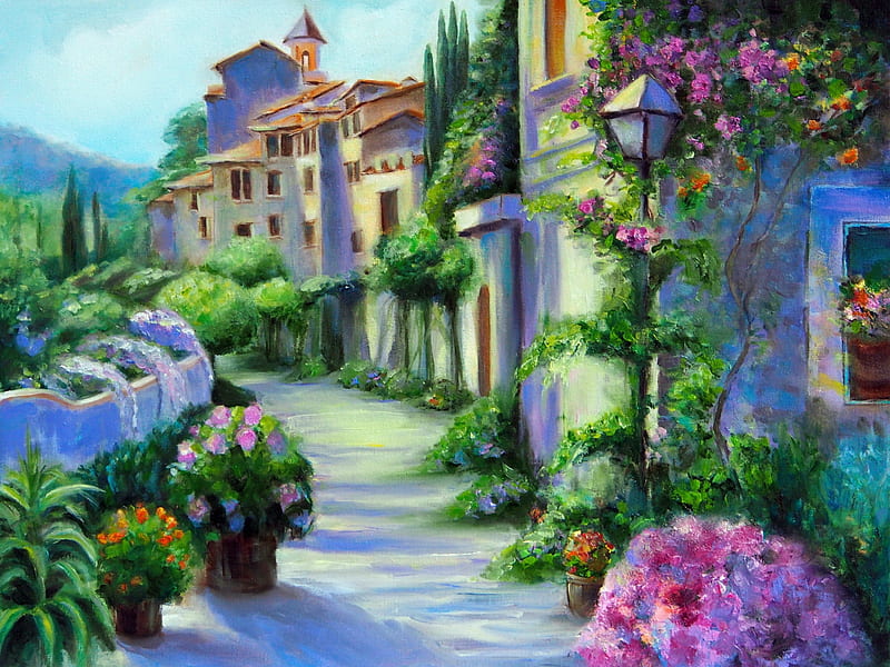 Narrow street in village, art, houses, painting, village, flowers, bonito, narrow, street, que, HD wallpaper