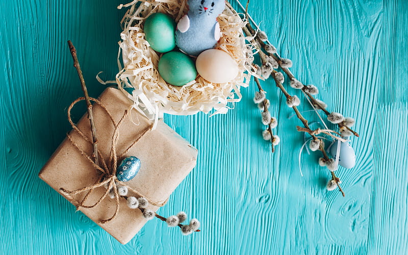 Blue Easter background, Easter eggs, Blue wooden background, Spring, Easter, HD wallpaper
