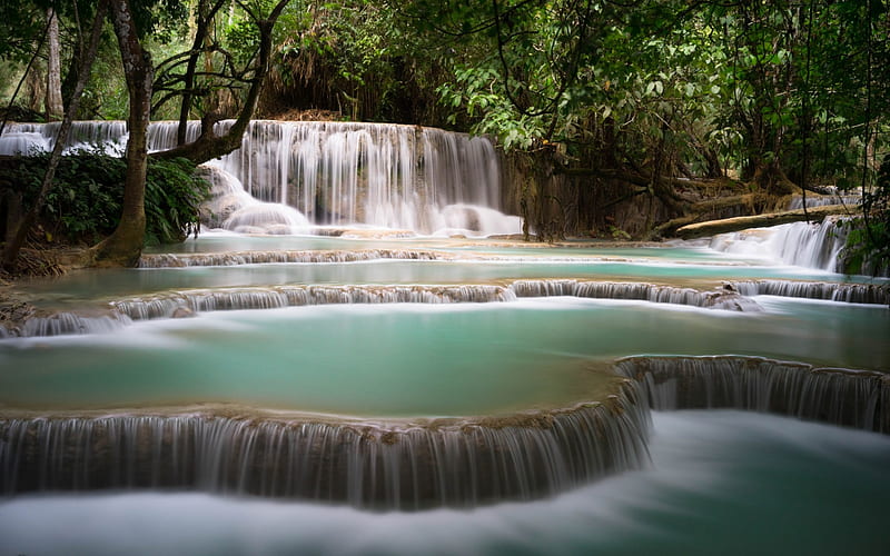 tropical forest, Thailand, waterfalls, cascades, lake, HD wallpaper