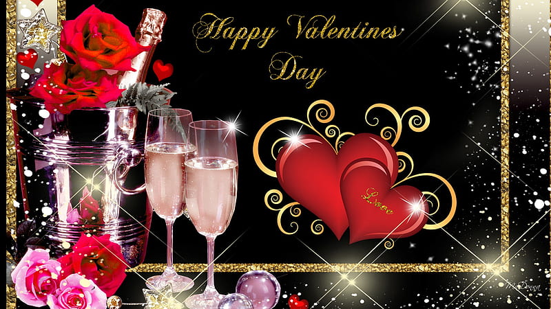 Another Valentine , valentines day, stars, romantic, romance, glasses, shine, roses, corazones, gold, love, champagne, HD wallpaper