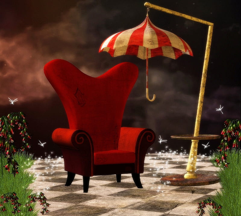 ✫Red Velvet Chair✫, red, colorful, grass, premade BG, umbrella, bonito, stock , exterior, flowers, resources, animals, colors, love four seasons, velvet chair, creative pre-made, dragonflies, backgrounds, HD wallpaper