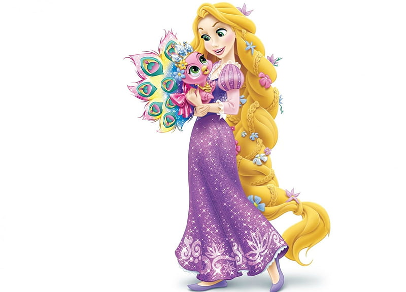 Rapunzel and Sundrop, rapunzel, peacock, blonde, sundrop, fantasy, palace pets, girl, purple, bird, white, princess, disney, HD wallpaper