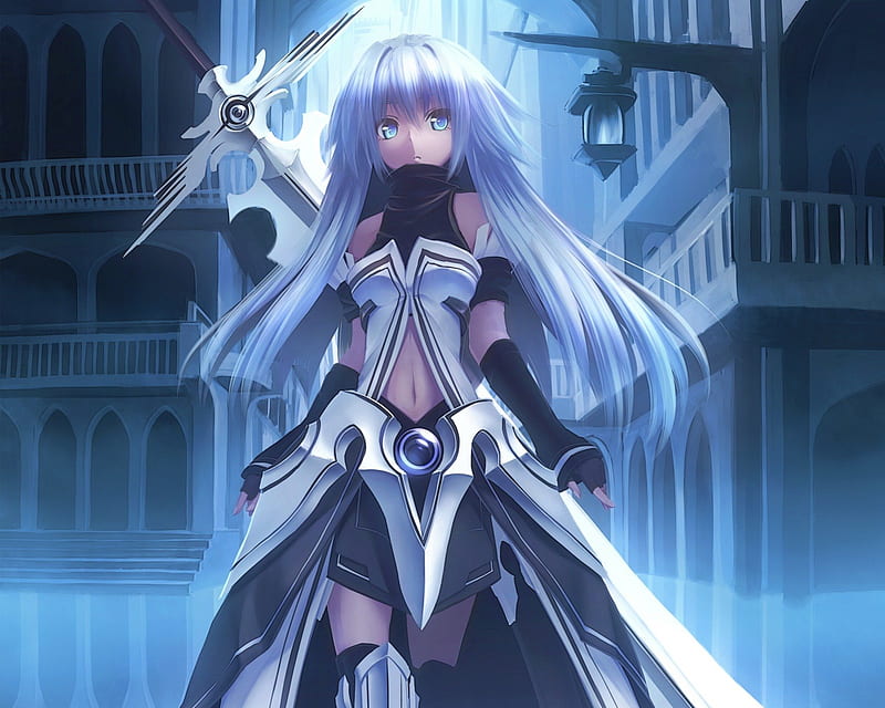 Anime Warrior, house, fighter, blade, anime, hot, anime girl, weapon, long hair, blue eyes, sword, female, balcony, sexy, building, armor, cute, warrior, girl, blue hair, knight, HD wallpaper