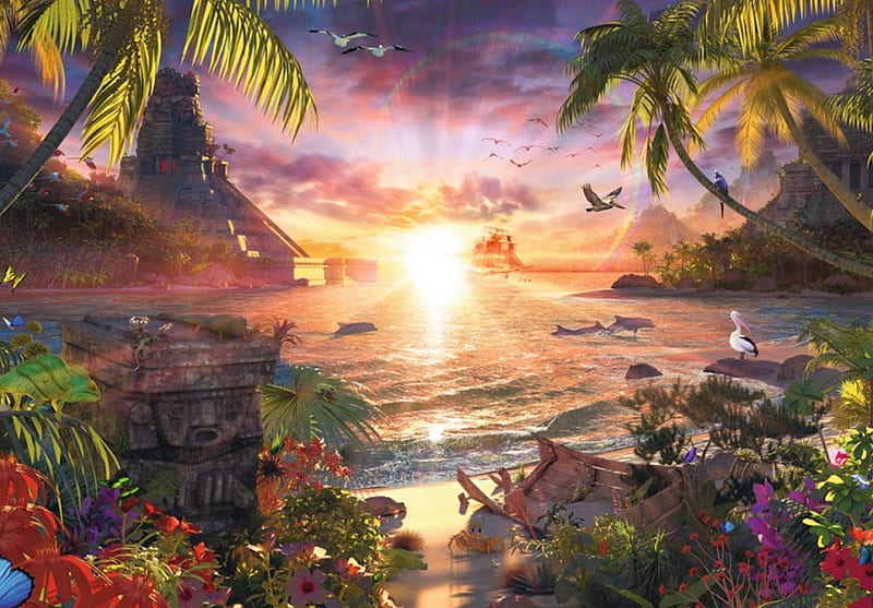 Mayan Sunset, mexico, mayan, ship, dolphins, birds, flowers, sunset, HD wallpaper