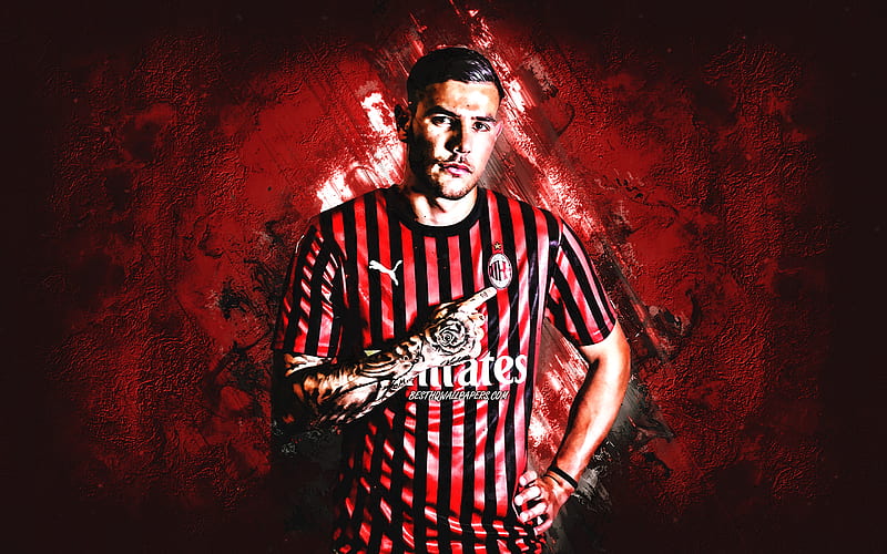 Theo Hernandez, AC Milan, French football player, portrait, red stone background, Serie A, Italy, football, HD wallpaper