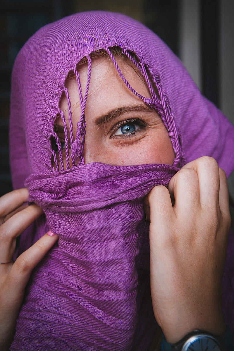 purple, people, women, blue eyes, scarf, HD phone wallpaper
