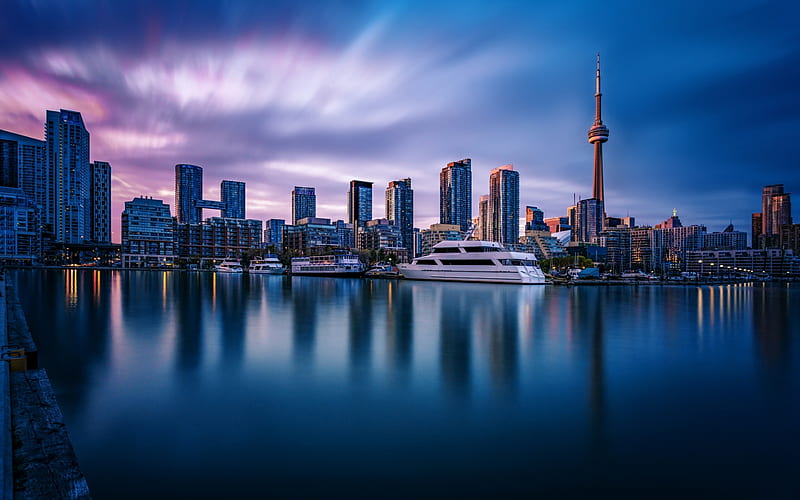 Toronto, embankment, CN Tower, morning, modern buildings, Ontario, Canada, HD wallpaper