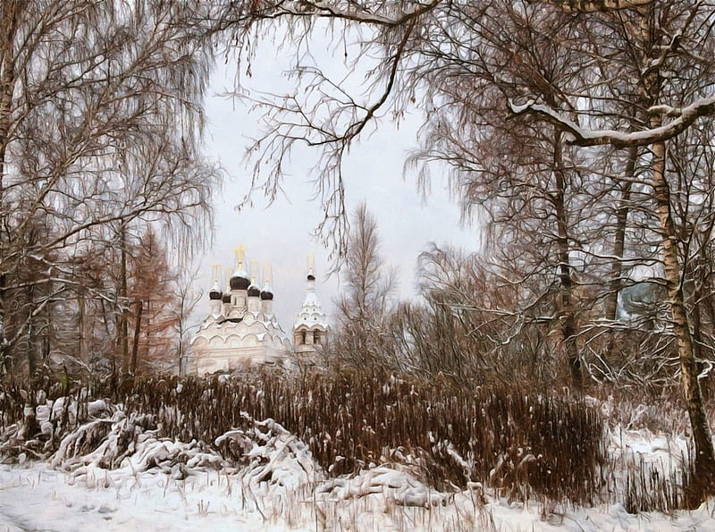 Russian Church in Winter, building, trees, snow, landscape, HD wallpaper