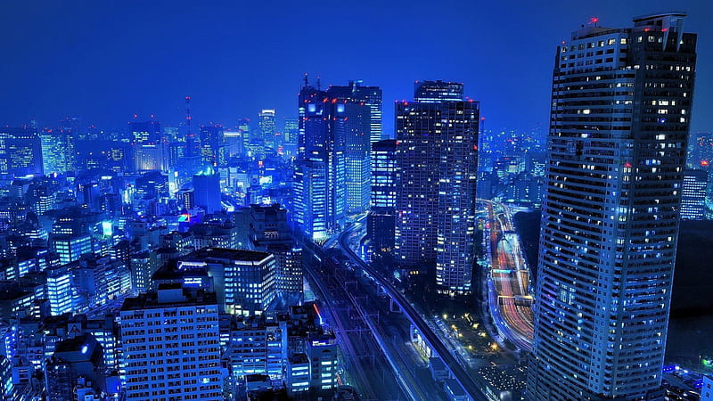 Blue City, japan, city, tokyo, asia, blue, night, HD wallpaper