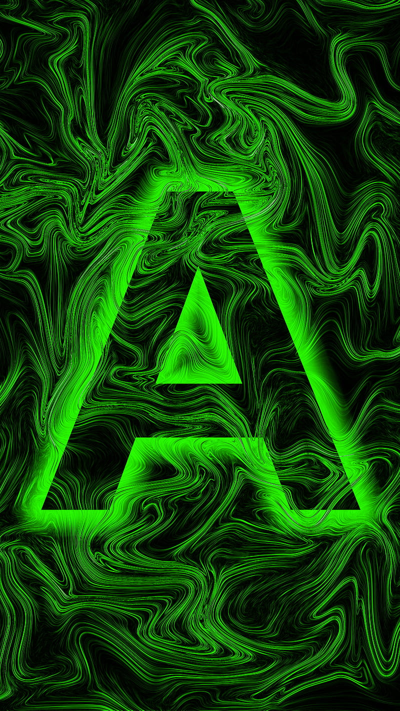 Glowing letter A, abstract, colors, flow, glow, green, letter, letter A, lines, mix, HD phone wallpaper