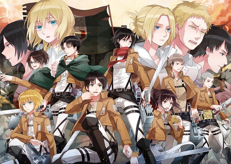 Shingeki no Kyojin, close up, pointing, group, blade, animegirl, attack on titan, anime, hot, weapon, sword, team, female, cloud, sky, sexy, cute, mikasa ackerman, mikasa, point, ackerman, warrior, girl, HD wallpaper