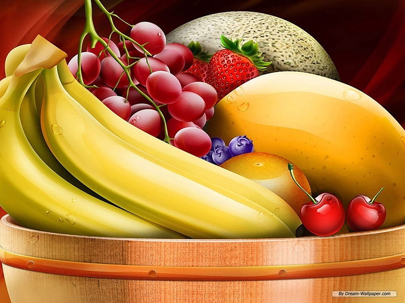 Bountiful Fruit Salad, fruit, grapes, bananas, strawberries, blueberries, salad, bowl, HD wallpaper