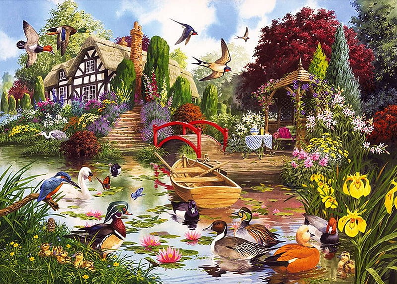 Cottage at Lake, house, boat, painting, ducks, birds, flowers, HD wallpaper