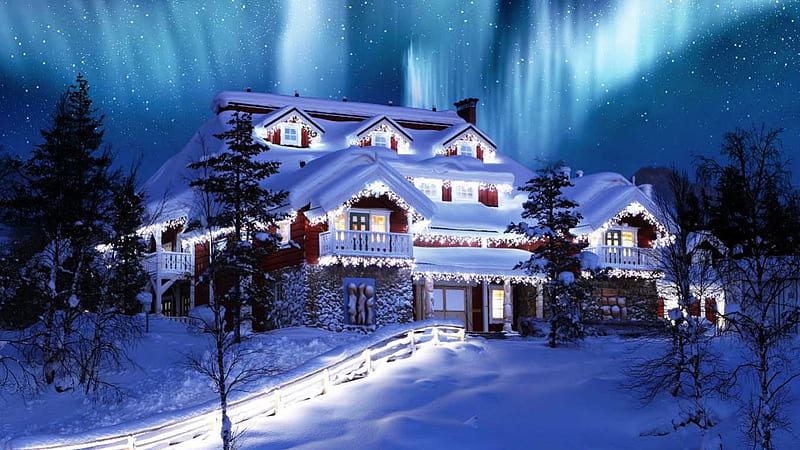 Santa's home in the North Pole, house, snow, home, bonito, lights, winter, north pole, HD wallpaper