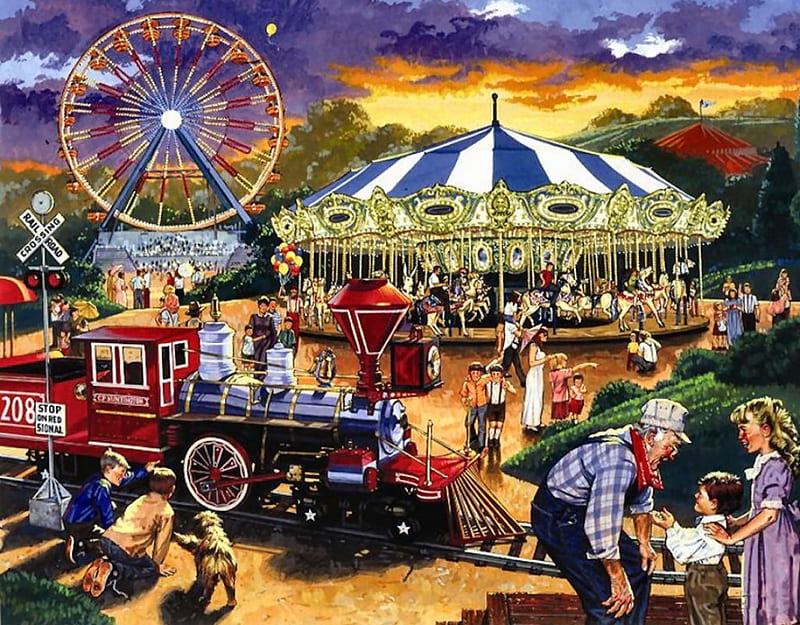 Carousel in Amusement Park 1, architecture, art, locomotive, park, artwork, train, amusement, engine, carousel, painting, wide screen, scenery, landscape, HD wallpaper