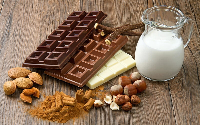 Chocolate, nuts, milk, almonds, HD wallpaper