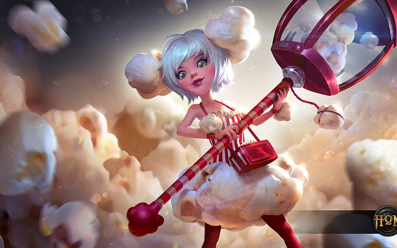 Popcorn Pearl, luminos, game, heroes of newerth, cute, fantasy, girl, white, pink, HD wallpaper