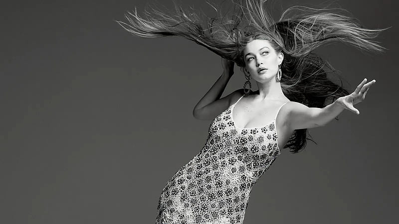 Models, Gigi Hadid, American, Black & White, Dress, Girl, Long Hair, Model, HD  wallpaper