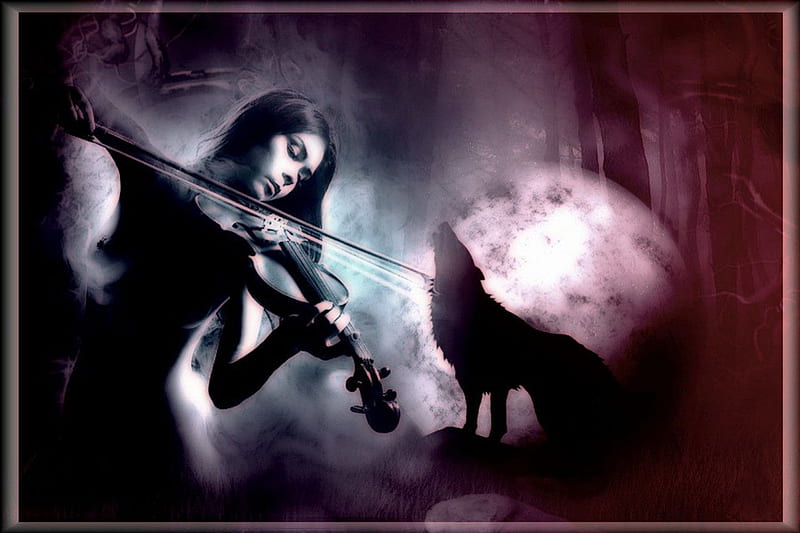 MOONSONG, violin, moon, female, song, gothic, wolf, HD wallpaper