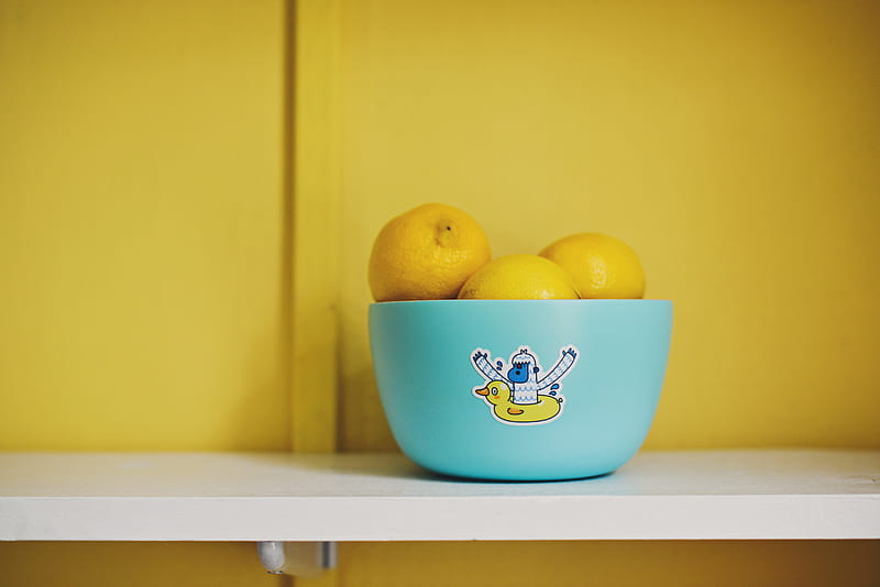 lemon fruits on teal bowl, HD wallpaper
