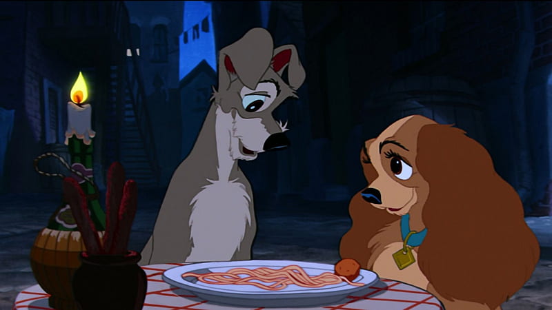 lady and the tramp, meatball, spegetti, tramp, lady, dog, HD wallpaper