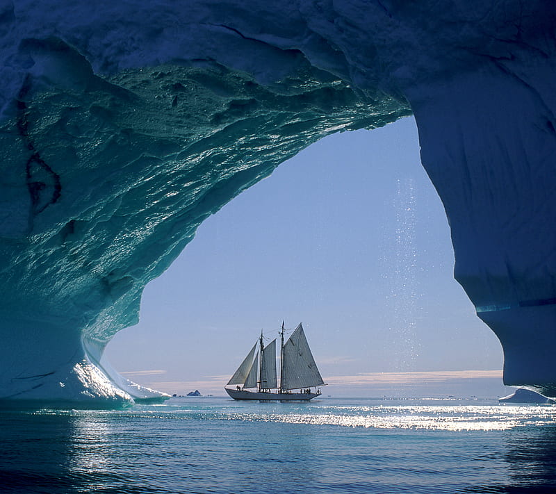 Ice Cave Boat, arctic, sea, sun, HD wallpaper