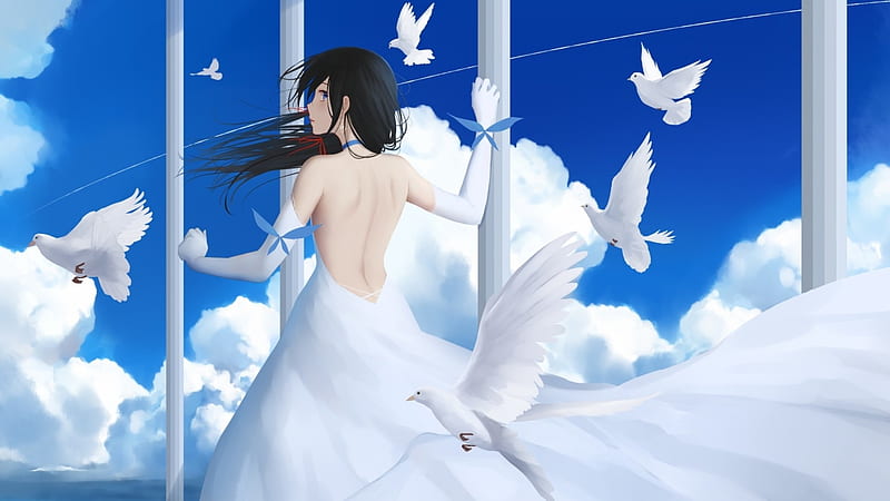 Purity, Doves signifying Peace, Anime, Clouds, Sky, Woman, White Dress, Blue, HD wallpaper