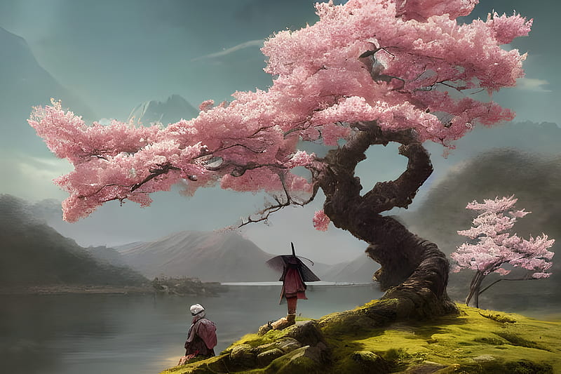 A 4K ultra hd wallpaper of a noble Samurai warrior kneeling in meditation  in a serene Japanese garden, with the cherry blossom trees in full bloom  all around him
