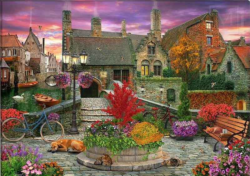 old town, flowers, art, paintings, old, town, HD wallpaper